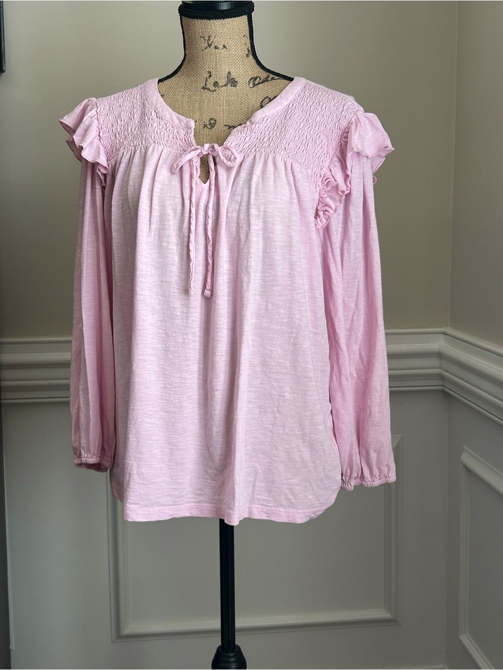Wonderly Light Pink Smocked Ruffle Tie-Neck Blouse